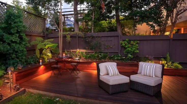 Evening patio with string lights and wicker seating