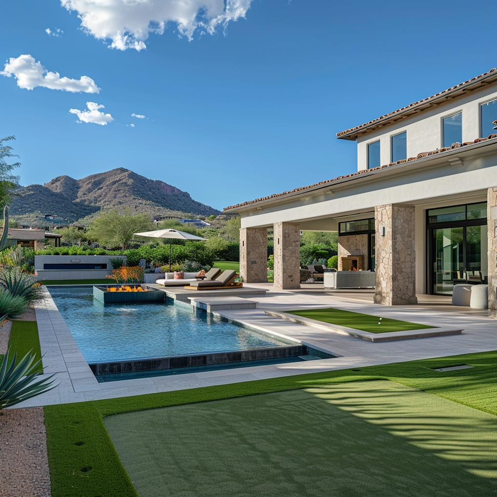 Twilight view of a stone estate with desert landscaping